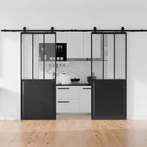 Dubbele hangende schuifdeur met rails van gehard glas, 2 x H205 x L83 cm, ARTISTO II Dubbele hangende schuifdeur met rails van gehard glas, 2 x H205 x L83 cm, ARTISTO II