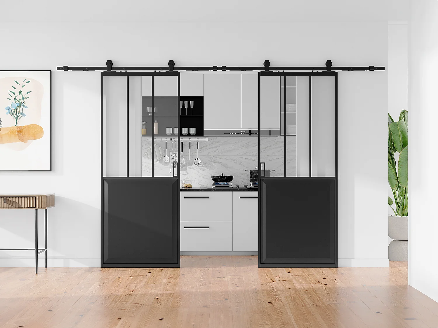 Dubbele hangende schuifdeur met rails van gehard glas, 2 x H205 x L83 cm, ARTISTO II