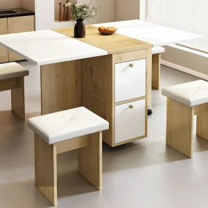 Eettafelset met 4 stoelen – klaptafel met 2 laden 140*80*75cm – in spaanplaat – Wit & Goud Eettafelset met 4 stoelen – klaptafel met 2 laden 140*80*75cm – in spaanplaat – Wit & Goud