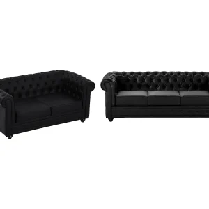 Drie- en tweezitsbank van zwart kunstleer CHESTERFIELD