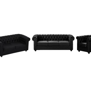 Driezitsbank, tweezitsbank en fauteuil van zwart kunstleer CHESTERFIELD