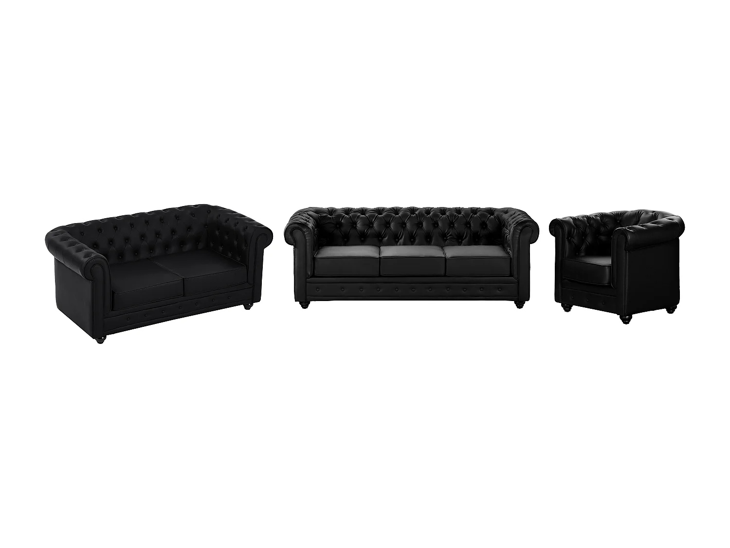 Driezitsbank, tweezitsbank en fauteuil van zwart kunstleer CHESTERFIELD