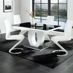 Eettafel TWIST 6 personen – gelakt MDF en gehard glas – Zwart en wit Eettafel TWIST 6 personen – gelakt MDF en gehard glas – Zwart en wit