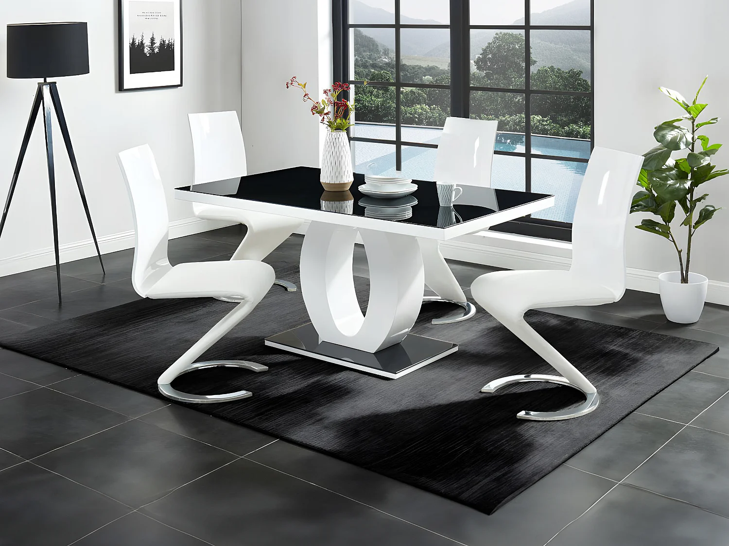 Eettafel TWIST 6 personen - gelakt MDF en gehard glas - Zwart en wit