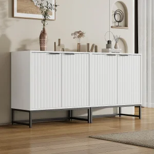 Dressoir met 4 deuren met handgrepen en metalen poten – Spaanplaat – Wit Dressoir met 4 deuren met handgrepen en metalen poten – Spaanplaat – Wit