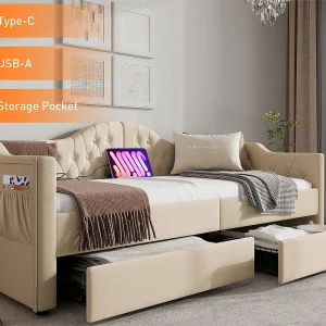 Bed met laden 90x200cm gestoffeerd in fluweel – met oplaadfunctie en lattenbodem – Beige (matras niet inbegrepen) Bed met laden 90x200cm gestoffeerd in fluweel – met oplaadfunctie en lattenbodem – Beige (matras niet inbegrepen)