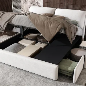 Opbergbed van fluweel – 180x200cm – met 3 laden – Beige (zonder matras) Opbergbed van fluweel – 180x200cm – met 3 laden – Beige (zonder matras)