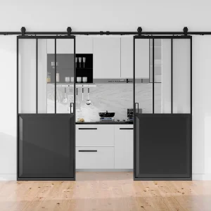Dubbele schuifdeur met railbevestiging en gehard glas, 2 x H205 x L93 cm, ARTISTO II Dubbele schuifdeur met railbevestiging en gehard glas, 2 x H205 x L93 cm, ARTISTO II