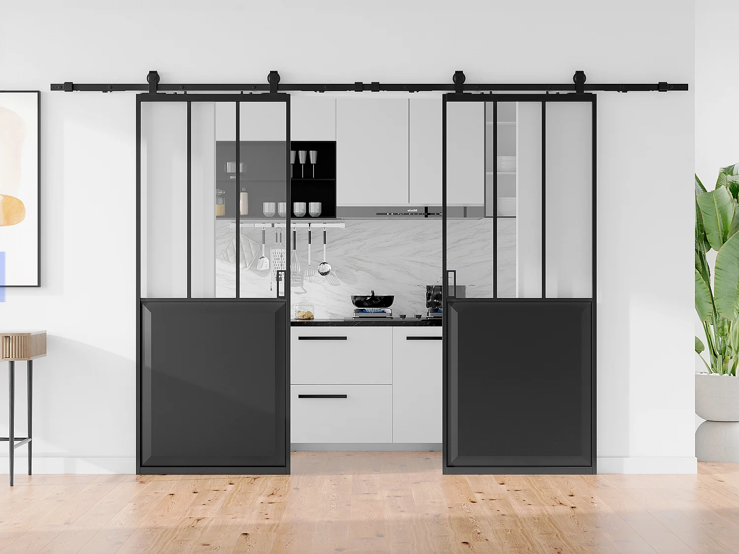 Dubbele schuifdeur met railbevestiging en gehard glas, 2 x H205 x L93 cm, ARTISTO II