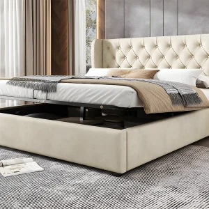 Fluweel gewatteerd opbergbed 140x190cm met lattenbodem – Beige Fluweel gewatteerd opbergbed 140x190cm met lattenbodem – Beige