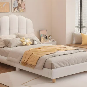 Eenpersoons kinderbed 90x200cm bekleed met pluche stof – met MDF lattenbodem – Beige Eenpersoons kinderbed 90x200cm bekleed met pluche stof – met MDF lattenbodem – Beige