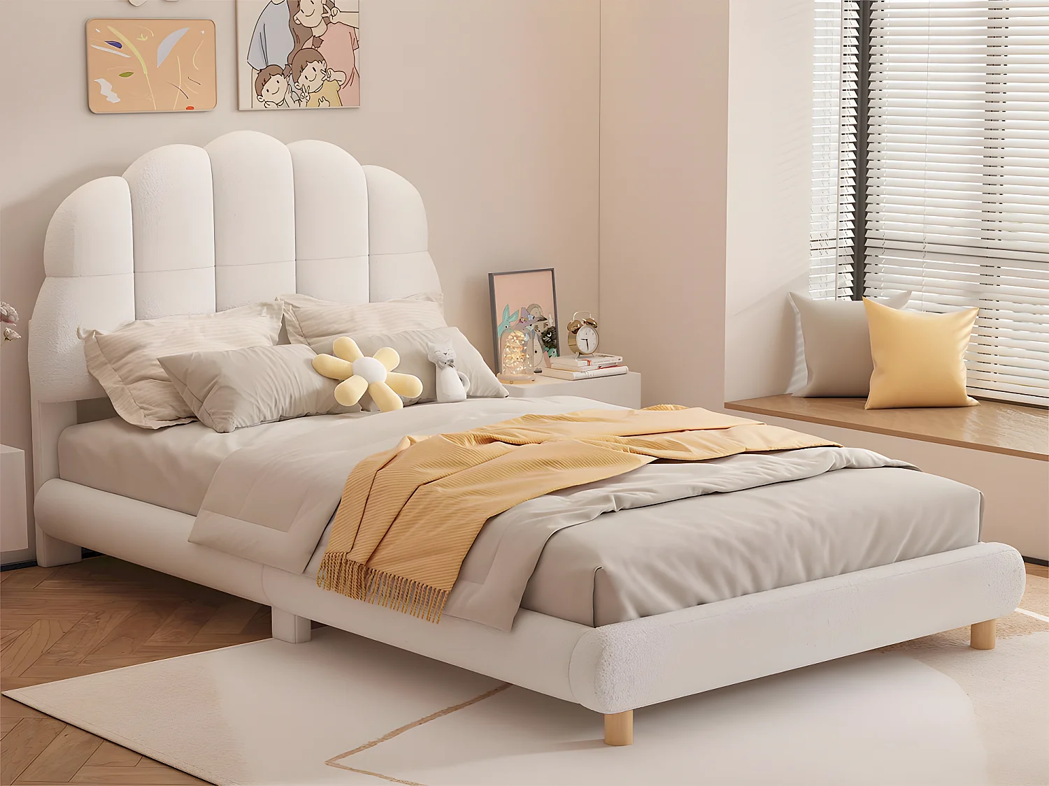 Eenpersoons kinderbed 90x200cm bekleed met pluche stof - met MDF lattenbodem - Beige