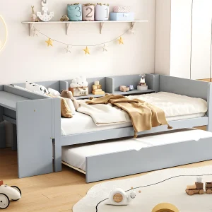 Eenpersoonsbed 90×200 cm met onderschuifbed – met bureau ernaast – Grijs Eenpersoonsbed 90×200 cm met onderschuifbed – met bureau ernaast – Grijs