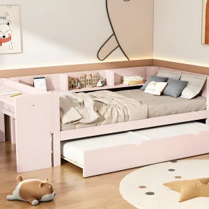 Eenpersoonsbed 90×200 cm met onderschuifbed – met bureau ernaast – Roze Eenpersoonsbed 90×200 cm met onderschuifbed – met bureau ernaast – Roze