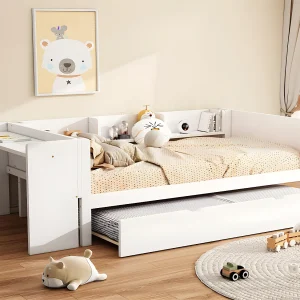 Eenpersoonsbed 90×200 cm met onderschuifbed – met bureau ernaast – Wit Eenpersoonsbed 90×200 cm met onderschuifbed – met bureau ernaast – Wit