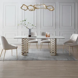 Eettafel 8 personen in gehard glas en keramiek – Witte marmerlook en goudkleurig – GOLDENA Eettafel 8 personen in gehard glas en keramiek – Witte marmerlook en goudkleurig – GOLDENA