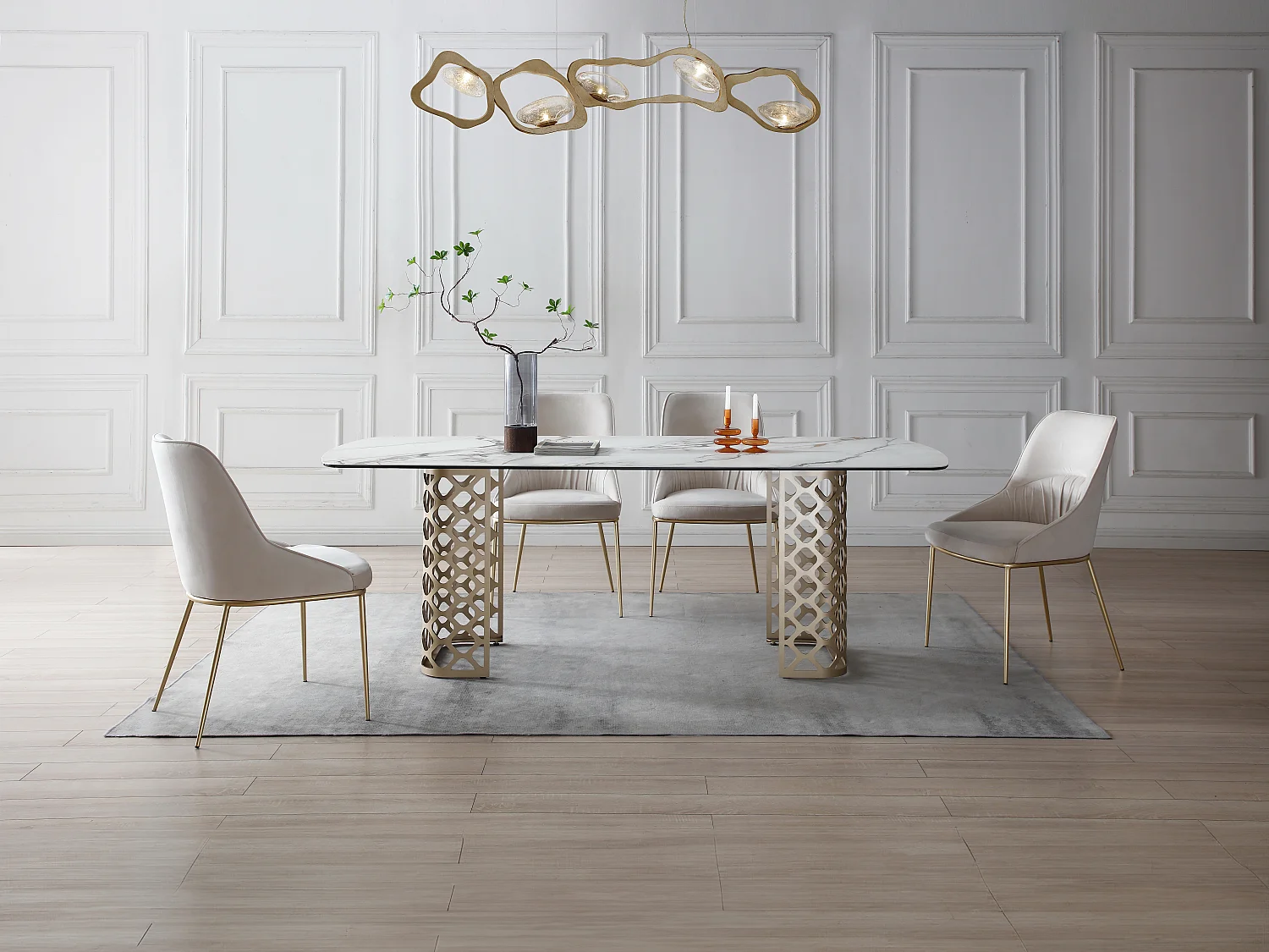 Eettafel 8 personen in gehard glas en keramiek - Witte marmerlook en goudkleurig - GOLDENA