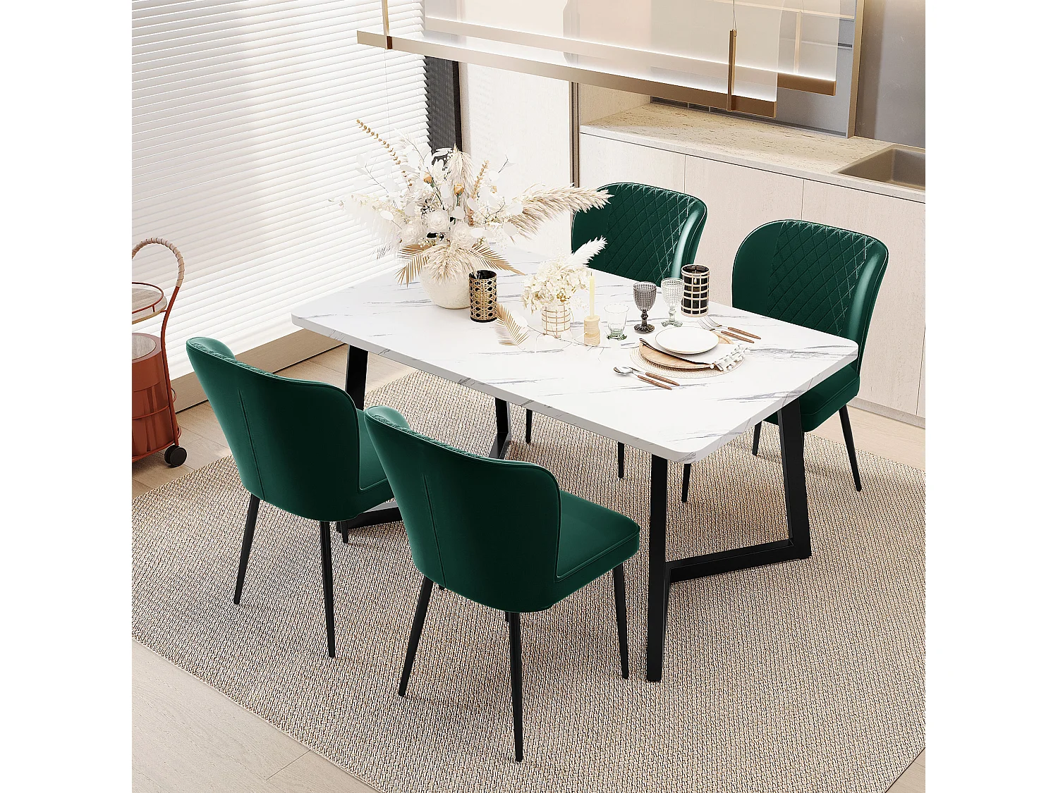 Eettafelset 117x68x75cm met 4 fluwelen stoelen - MDF hout en metaal - Groen