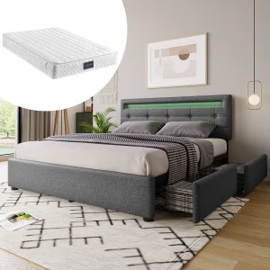 Dubbel gevoerd bed 140 x 200 cm met verstelbaar hoofdeinde & 4 laden – LED's – grijs linnen + matras