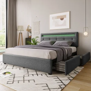 Dubbel gevoerd bed 140 x 200 cm met verstelbaar hoofdeinde & 4 laden – LED's – grijs linnen