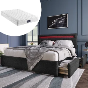 Dubbel gevoerd bed 140 x 200 cm met verstelbaar hoofdeinde & 4 laden – LED's – zwart linnen + matras