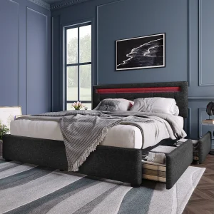 Dubbel gevoerd bed 140 x 200 cm met verstelbaar hoofdeinde & 4 laden – LED's – zwart linnen