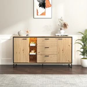 Dressoir van hout en zwart met led-verlichting, 3 lades en open verdelers – voor woonkamer en eetkamer