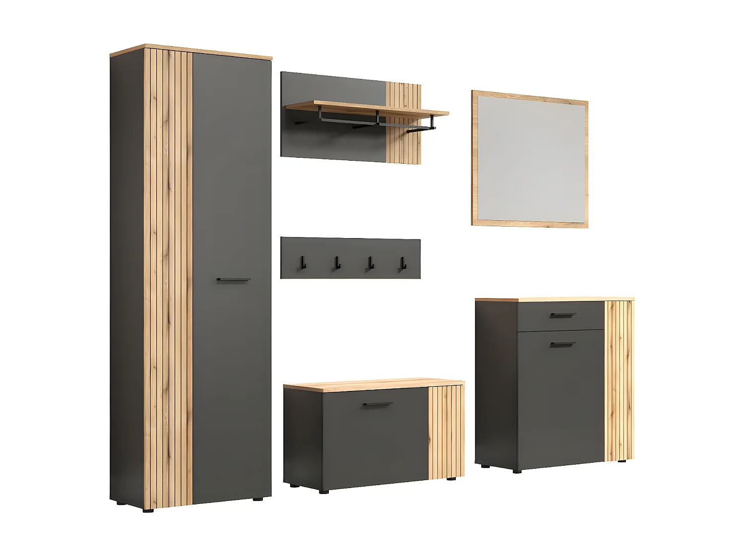 Esteban garderobe opstelling grijs, eik decor.