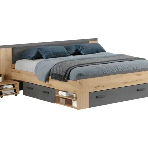 Follow bed 180x200cm met nachtkastje, laden, planken aan beide zijden eik decor, grijs. Follow bed 180x200cm met nachtkastje, laden, planken aan beide zijden eik decor, grijs.