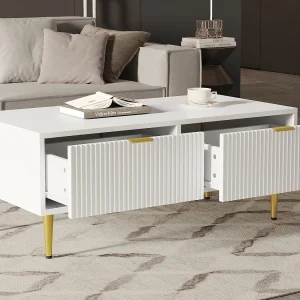 Elegante witte salontafel met gouden decoratie, 2 laden, verticaal gestreept design, MDF-hout, 100 x 50 x 40 cm Elegante witte salontafel met gouden decoratie, 2 laden, verticaal gestreept design, MDF-hout, 100 x 50 x 40 cm