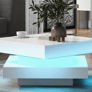Draaibare salontafel met LED in 16 kleuren – vierkante vorm – Wit Draaibare salontafel met LED in 16 kleuren – vierkante vorm – Wit