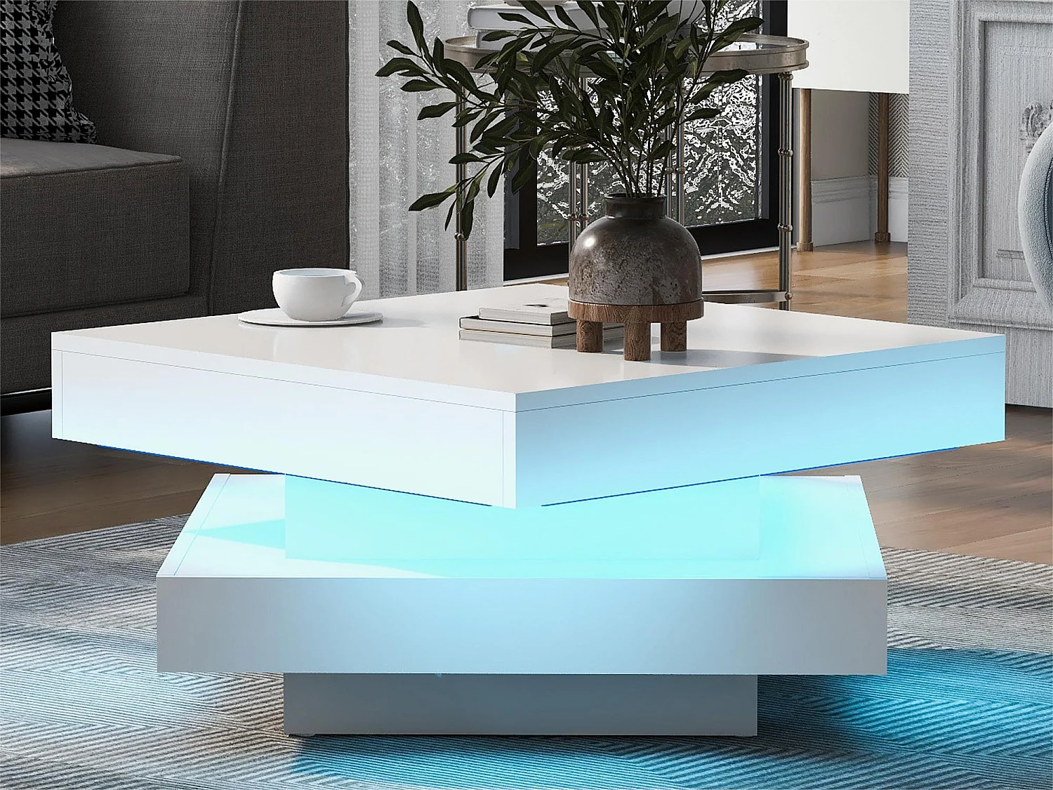 Draaibare salontafel met LED in 16 kleuren - vierkante vorm - Wit