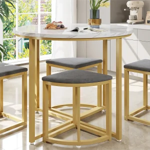 Eettafel en 4 stoelen – MDF blad, verguld ijzeren frame en grijs fluwelen kussens – Wit & Goud