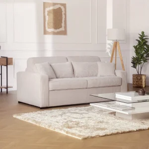 Express-slaapbank van beige ribfluweel, bed met latten 160cm, dikte 16 cm MONDOVI