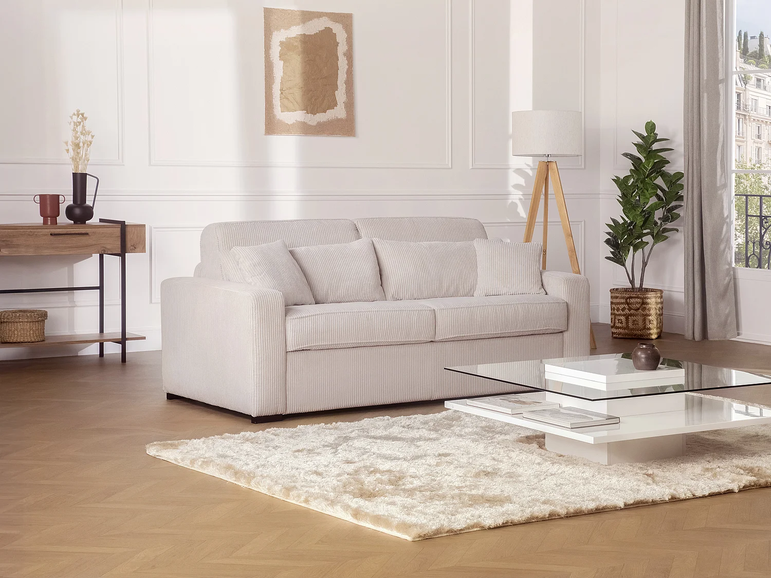 Express-slaapbank van beige ribfluweel, bed met latten 160cm, dikte 16 cm MONDOVI