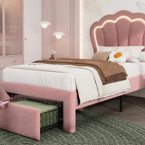 Bed 90×200 cm van fluweel met laden en LED-bediening via app – Roze Bed 90×200 cm van fluweel met laden en LED-bediening via app – Roze