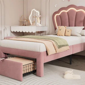 Bed 90×190 cm van fluweel met laden en LED-bediening via app – Roze Bed 90×190 cm van fluweel met laden en LED-bediening via app – Roze