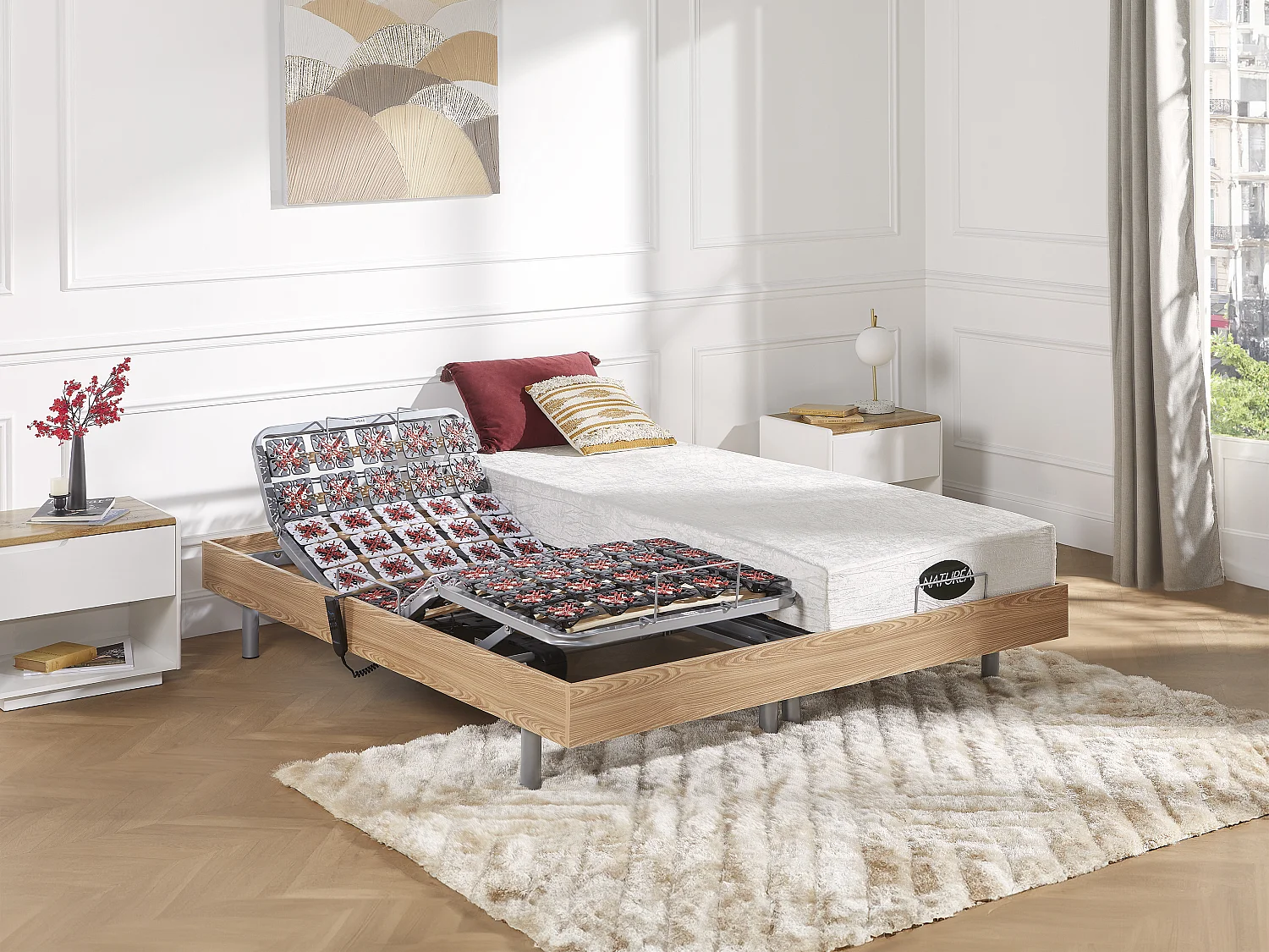 Elektrisch relaxbed met matras met vormgeheugen LYSIS III - 2 x 70 x 190 cm - Eiken