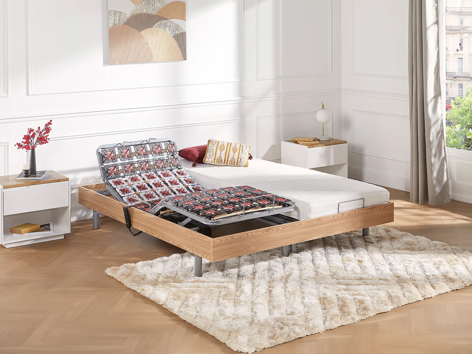 Elektrisch decoratief relaxbed met bedbodem en matras van latex met 3 zones 90 x 200 cm, grijze stof PANISOLA