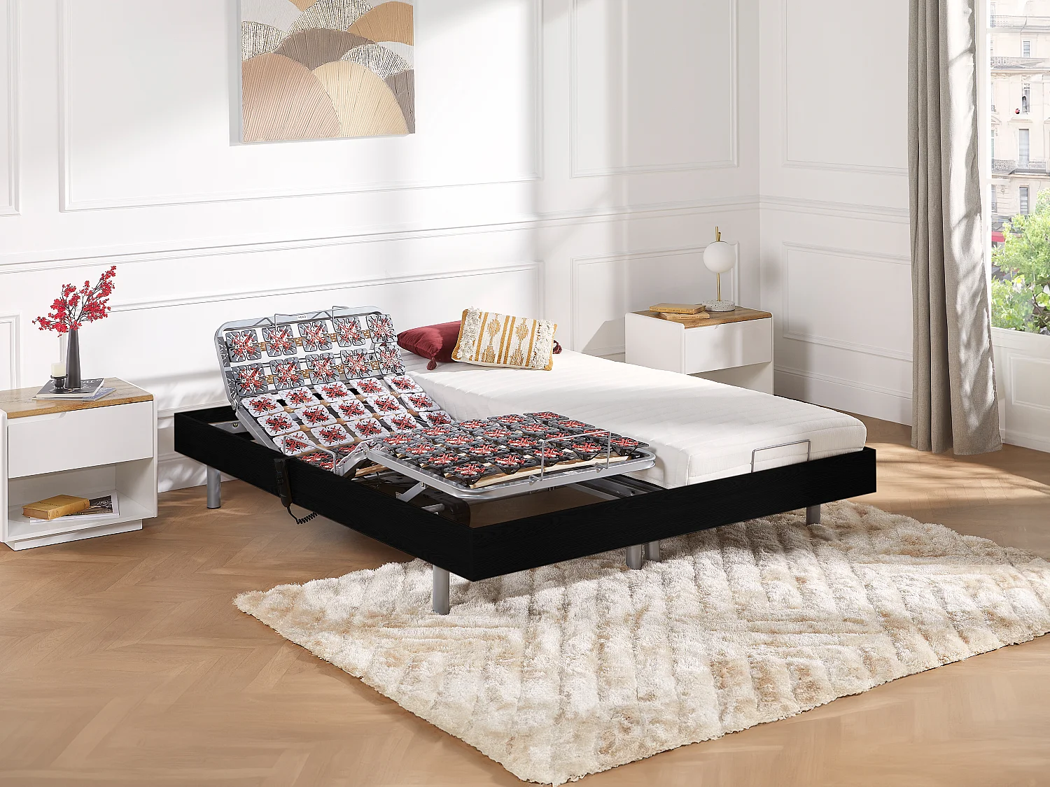 Elektrisch decoratief relaxbed met bedbodem en matras van latex met 3 zones 80 x 200 cm, beige stof PANISOLA
