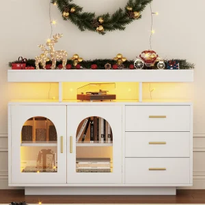 Dressoir、keukenkast met LED – 3 laden en 2 deuren – Wit