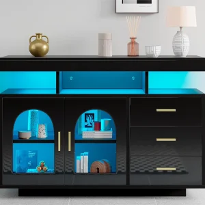 Dressoir、keukenkast met LED – 3 laden en 2 deuren – Zwart