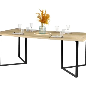 Eettafel in designstijl, licht eiken kleur met zwart metalen poot, afmetingen 200x100xH75cm