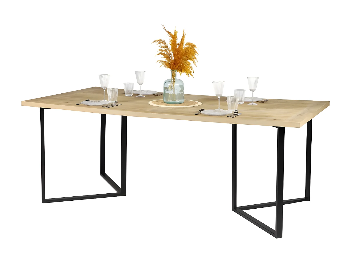 Eettafel in designstijl, licht eiken kleur met zwart metalen poot, afmetingen 200x100xH75cm
