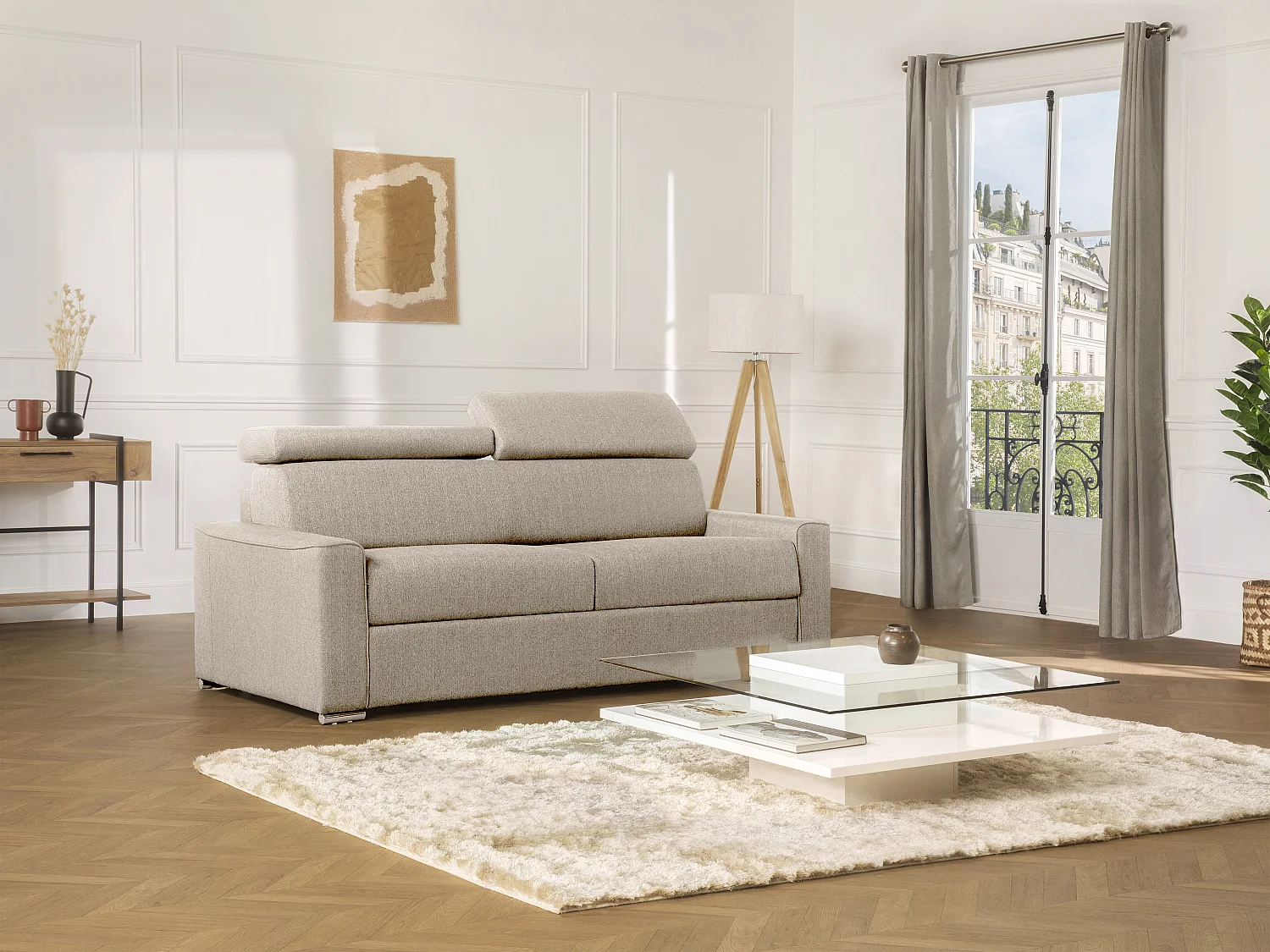 Snel omgebouwde slaapbank met 3 plaatsen in beige stof met matras - VIZIR