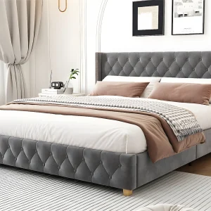 Fluwelen gewatteerd volwassen bed – 180x200cm – met lattenbodem – Grijs Fluwelen gewatteerd volwassen bed – 180x200cm – met lattenbodem – Grijs