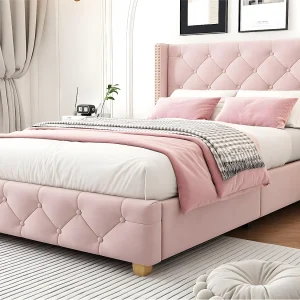 Eenpersoonsbed bekleed met fluweel – 90x200cm – met lattenbodem – Roze Eenpersoonsbed bekleed met fluweel – 90x200cm – met lattenbodem – Roze