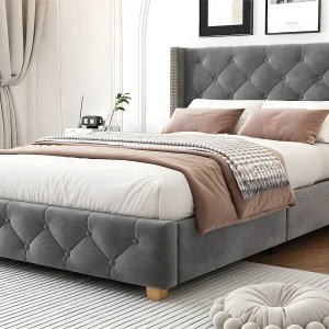 Eenpersoonsbed bekleed met fluweel – 90x200cm – met lattenbodem – Grijs Eenpersoonsbed bekleed met fluweel – 90x200cm – met lattenbodem – Grijs