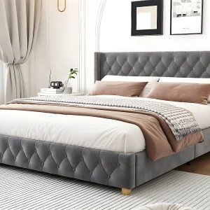 Fluwelen gewatteerd volwassen bed – 160x200cm – met lattenbodem – Grijs Fluwelen gewatteerd volwassen bed – 160x200cm – met lattenbodem – Grijs