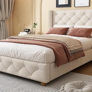 Eenpersoonsbed gestoffeerd in linnen – 90×200 cm – met lattenbodem – Beige Eenpersoonsbed gestoffeerd in linnen – 90×200 cm – met lattenbodem – Beige